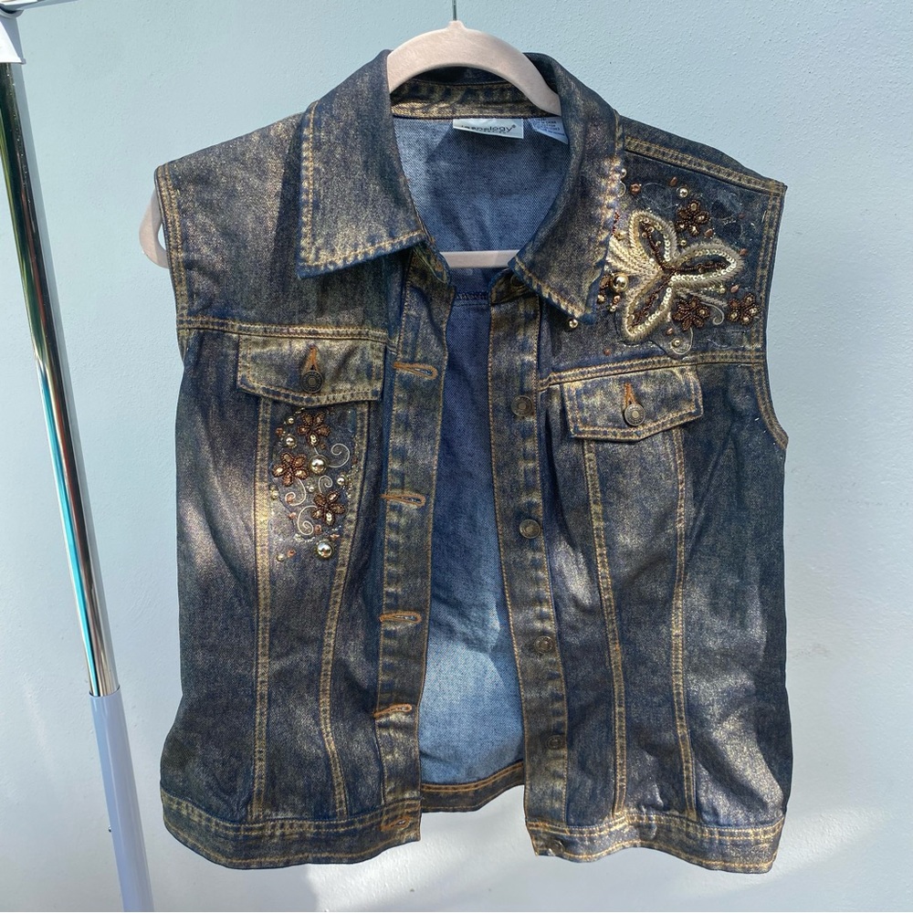 Y2K Jeanology Gold Foil Embellished Denim Vest Size Large